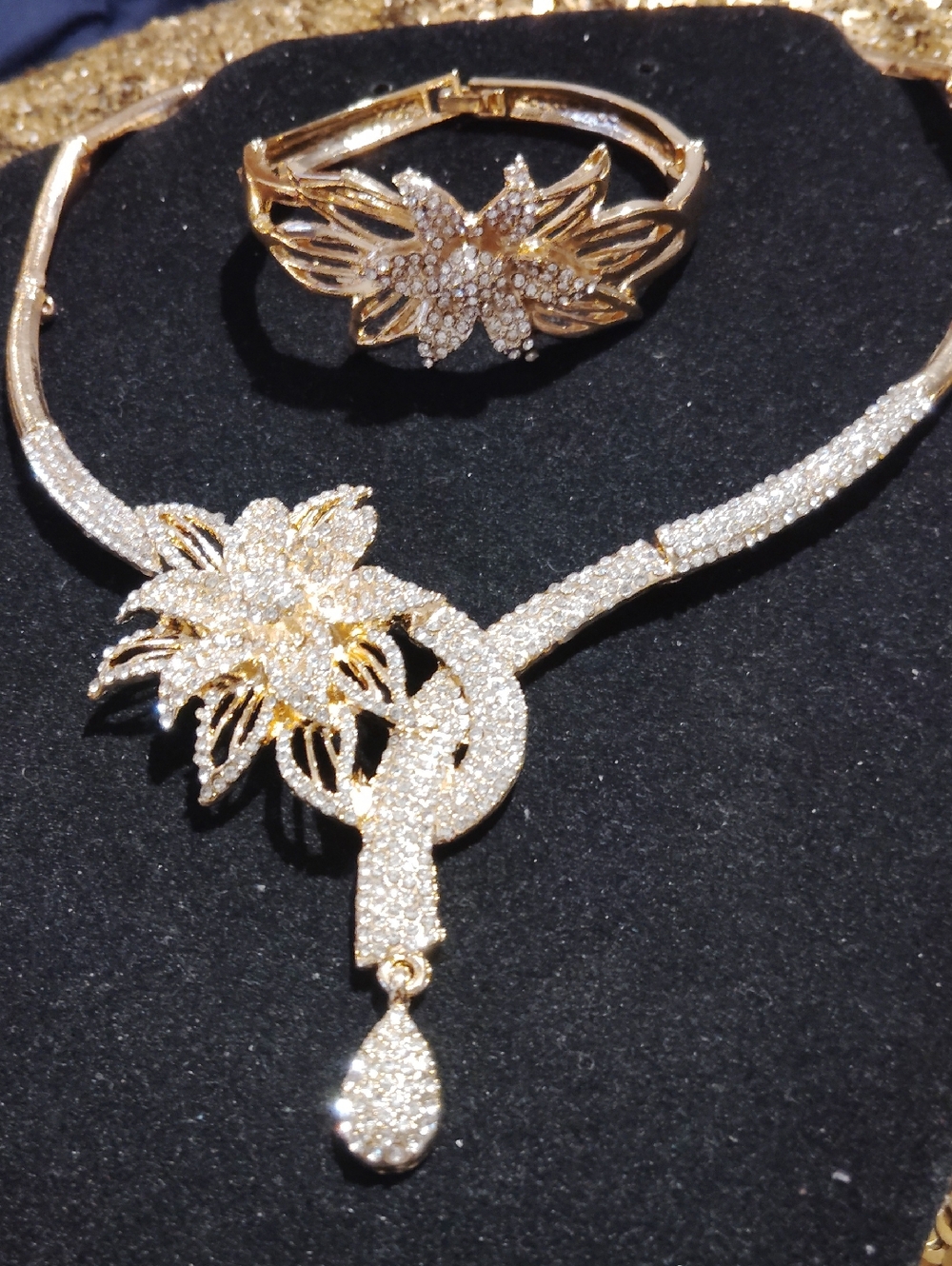 Gold Crystal Floral Necklace, Adjustable Ring, Earring and Bracelet Set